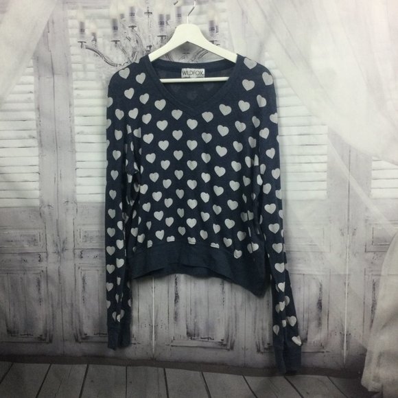 Wildfox Navy V-neck Sweater Hearts Polka Dots M - Picture 2 of 8